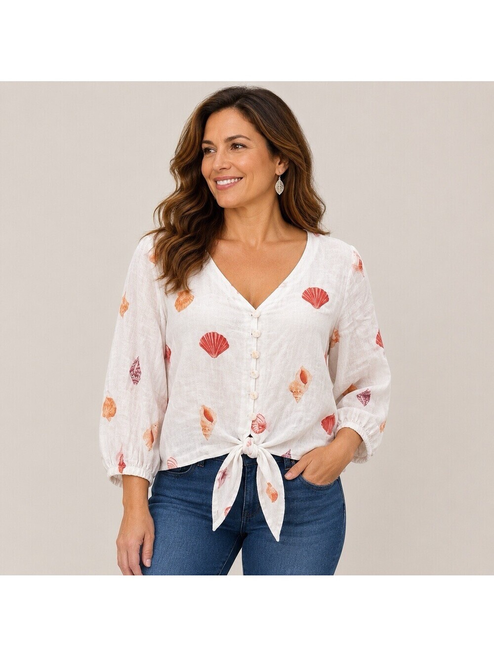 Joie White Linen Blend Seashell Print Tie Front Cropped Blouse Women’s Size 6